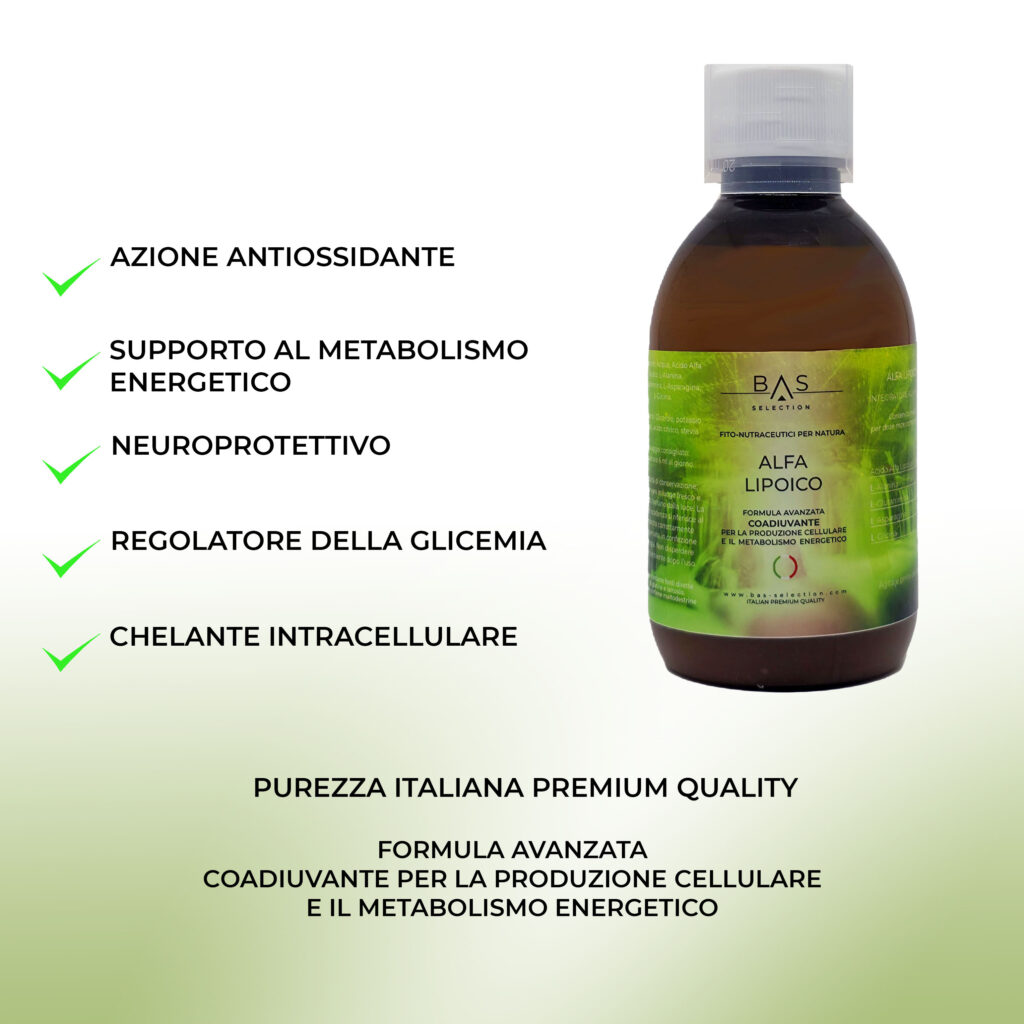 "Integratore alimentare Alfa Lipoico BAS Selection in flacone, con benefici antiossidanti, supporto al metabolismo energetico, neuroprotettivo, regolatore della glicemia e chelante intracellulare. Prodotto italiano di qualità premium con formula avanzata per la produzione cellulare e il metabolismo energetico."