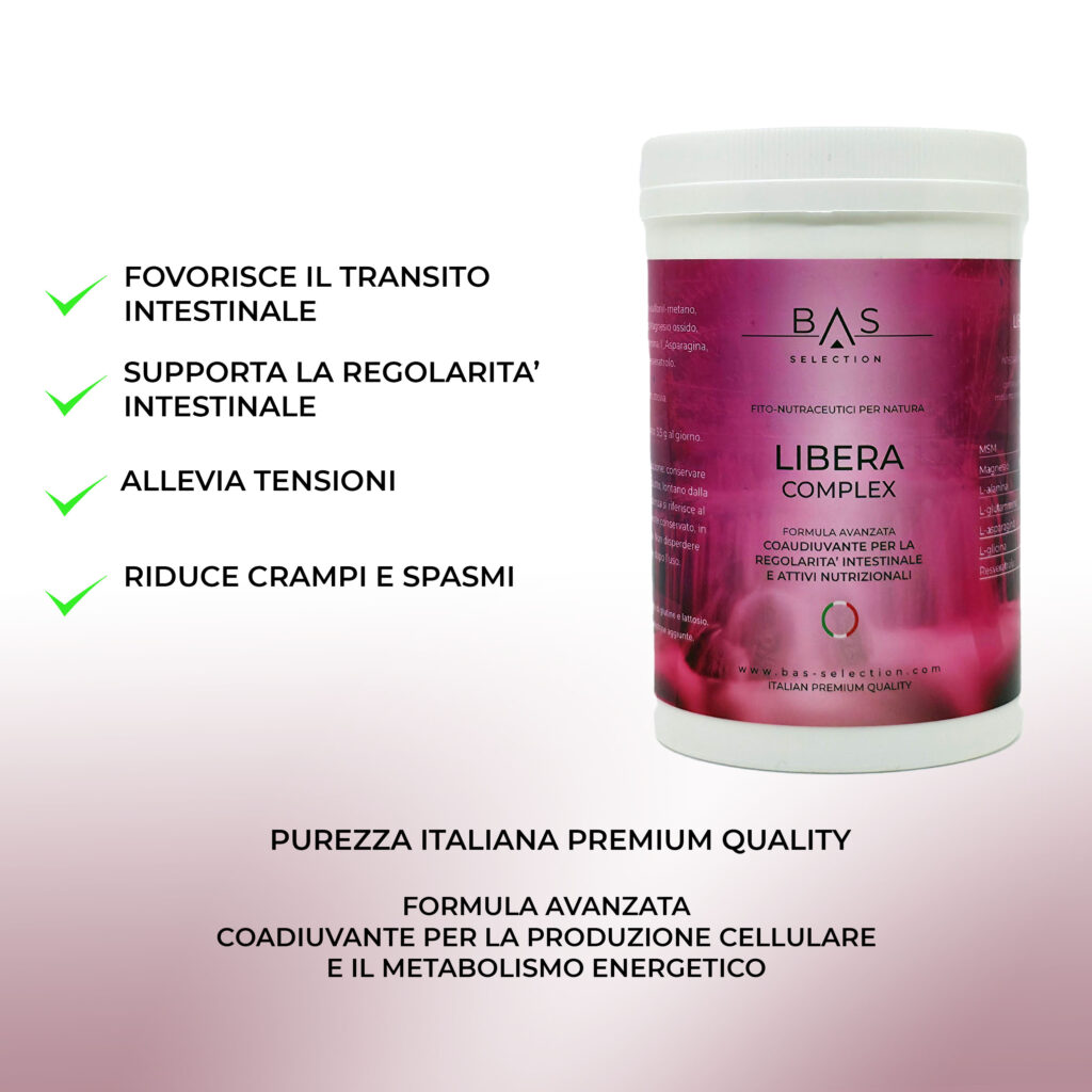 Integratore BAS Selection Libera Complex in barattolo, formula avanzata per la regolarità intestinale e il benessere nutrizionale. Favorisce il transito intestinale, supporta la regolarità, allevia tensioni e riduce crampi e spasmi. Prodotto italiano premium quality.