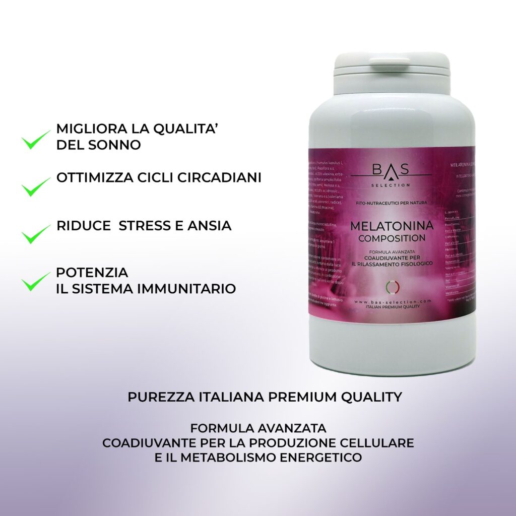Integratore BAS Selection Melatonina Composition in barattolo, formula avanzata per migliorare la qualità del sonno, ottimizzare i cicli circadiani, ridurre stress e ansia e potenziare il sistema immunitario. Prodotto italiano premium quality.