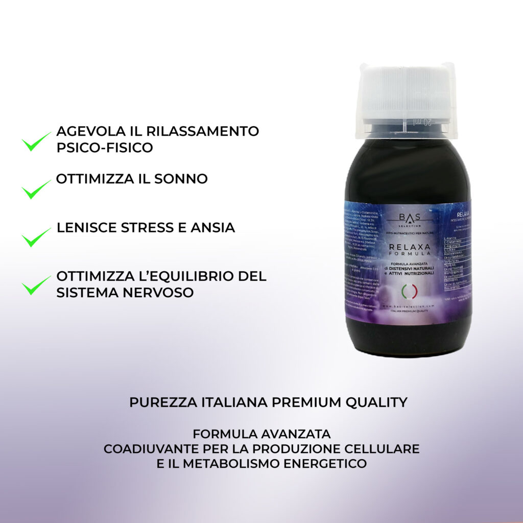 Integratore BAS Selection Relaxa Formula in flacone, a base di estratti naturali e attivi nutrizionali. Favorisce il rilassamento psico-fisico, ottimizza il sonno, lenisce stress e ansia e sostiene l’equilibrio del sistema nervoso. Prodotto italiano premium quality.