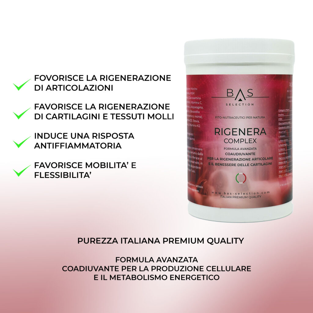 Integratore BAS Selection Rigenera Complex in barattolo, formula avanzata per la rigenerazione articolare e il benessere delle cartilagini. Favorisce la rigenerazione di articolazioni, cartilagini e tessuti molli, ha azione antinfiammatoria e sostiene mobilità e flessibilità. Prodotto italiano premium quality.