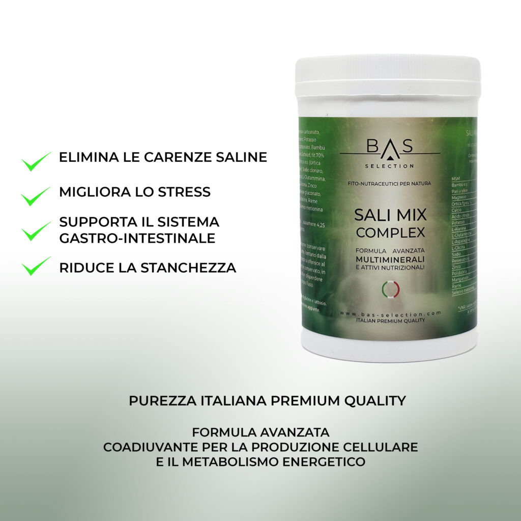 Integratore BAS Selection Sali Mix Complex in barattolo, formula avanzata multiminerale e attivi nutrizionali. Elimina le carenze saline, riduce la stanchezza, migliora la gestione dello stress e supporta il sistema gastro-intestinale. Prodotto italiano premium quality.