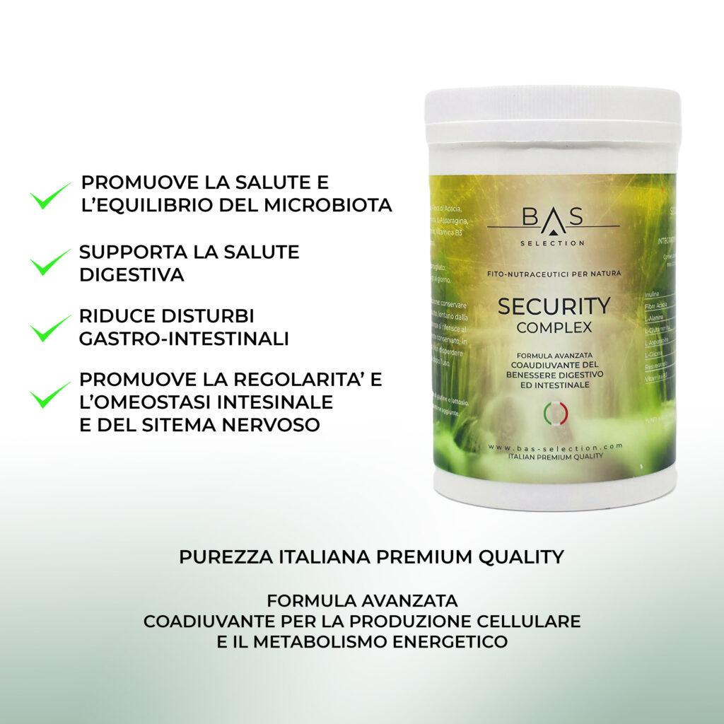 Integratore BAS Selection Security Complex in barattolo, formula avanzata per il benessere digestivo e intestinale. Promuove la salute e l’equilibrio del microbiota, supporta la digestione, riduce disturbi gastro-intestinali e favorisce regolarità e omeostasi intestinale e nervosa. Prodotto italiano premium quality.