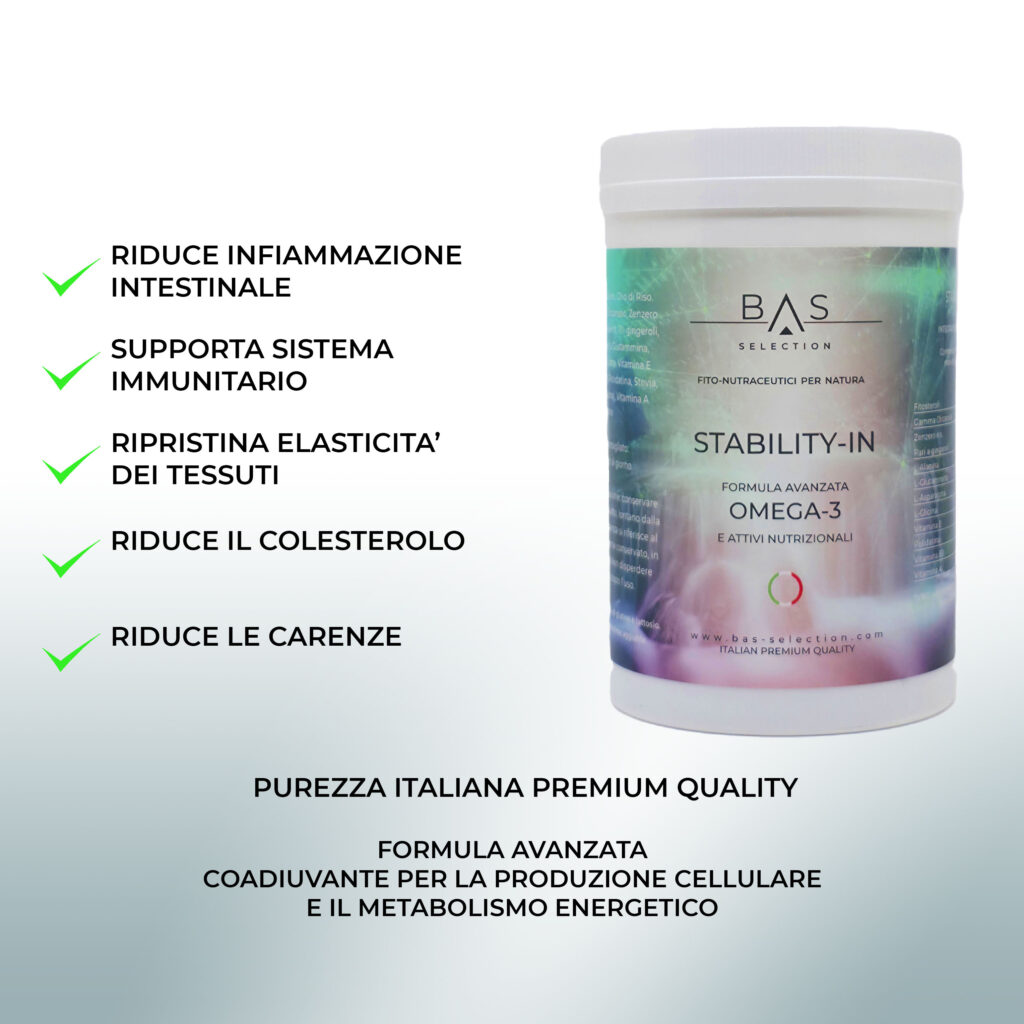 Integratore BAS Selection Stability-In in barattolo, formula avanzata Omega-3 e attivi nutrizionali. Riduce l’infiammazione intestinale, supporta il sistema immunitario, ripristina elasticità dei tessuti, contribuisce a ridurre il colesterolo e le carenze. Prodotto italiano premium quality