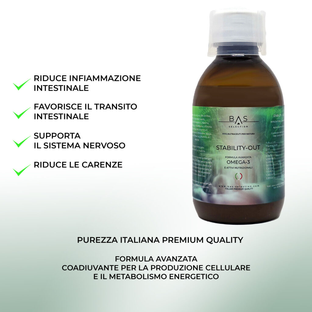 Integratore BAS Selection Stability-Out in flacone, formula avanzata Omega-3 e attivi nutrizionali. Riduce l’infiammazione intestinale, favorisce il transito intestinale, supporta il sistema nervoso e riduce le carenze. Prodotto italiano premium quality.