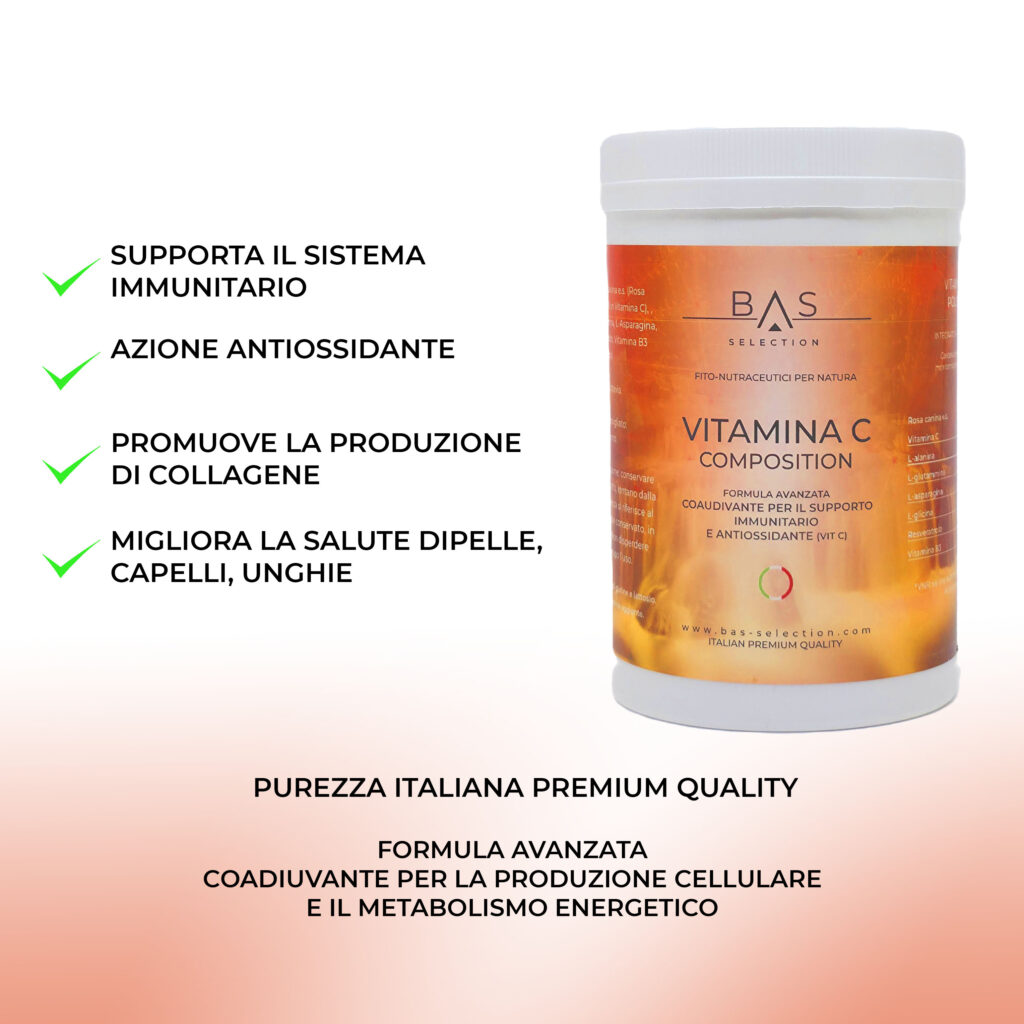 Integratore BAS Selection Vitamina C Composition in barattolo, formula avanzata per supporto immunitario e azione antiossidante. Promuove la produzione di collagene e migliora la salute di pelle, capelli e unghie. Prodotto italiano premium quality