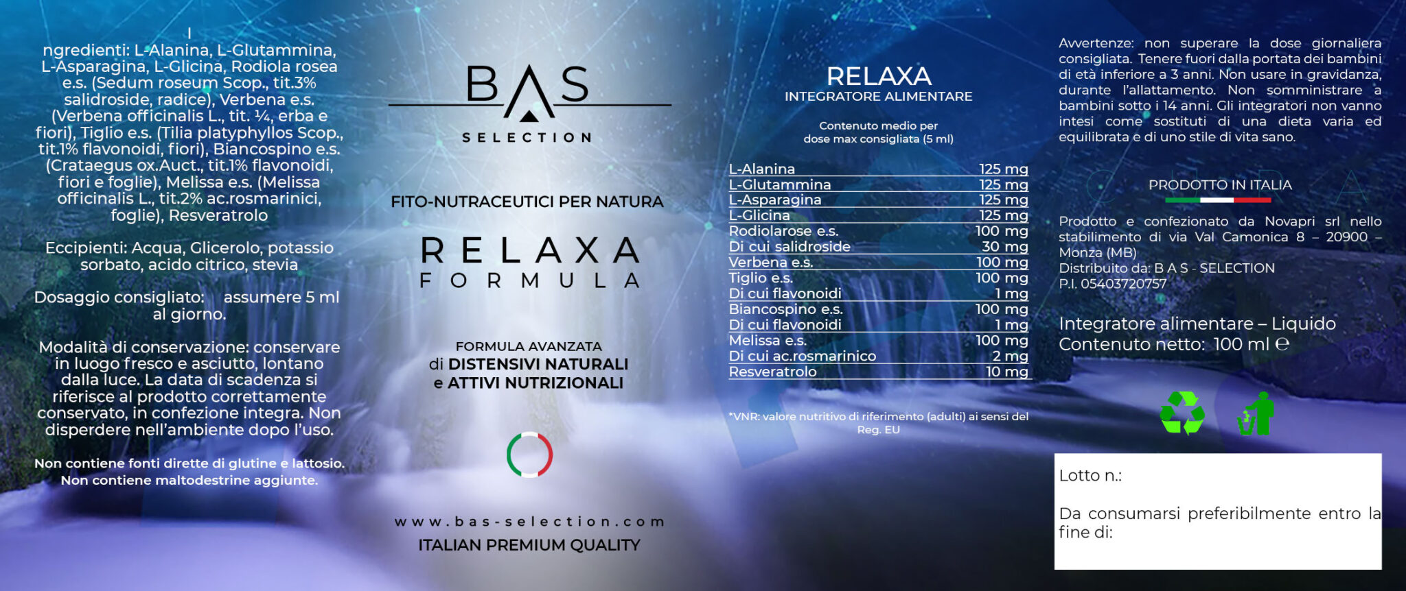 Etichetta BAS Selection – Relaxa Formula: integratore alimentare con estratti naturali (griffonia 5-HTP, melissa, biancospino, tè verde) e aminoacidi, per rilassamento e benessere.
