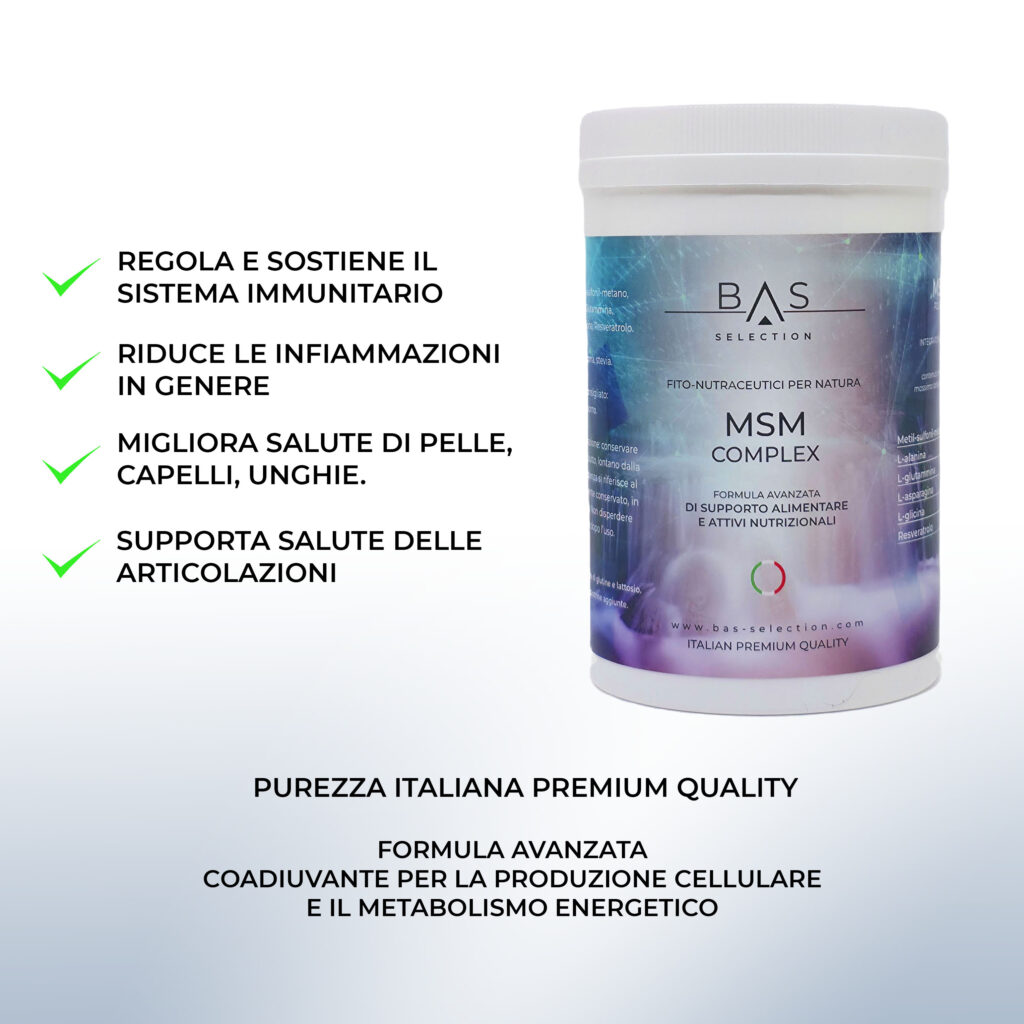 Integratore BAS Selection MSM Complex in barattolo, formula avanzata di supporto alimentare e attivi nutrizionali. Regola e sostiene il sistema immunitario, riduce le infiammazioni, migliora la salute di pelle, capelli e unghie e supporta le articolazioni. Prodotto italiano premium quality.
